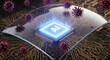 © prabu - Artificial intelligence microchip protected by digital shield from virus pathogens on circuit board