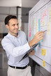 © fizkes - Sprint task update. Smiling mid aged businessman scrum master hold pen clipboard add handwritten data on colored memo sticks on agile project board write new details correct current structure elements