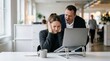© Alexey - Angry boss screaming at employee in office. Stressed woman covering ears while manager yelling at colleague. Workplace conflict, toxic environment, professional harassment and pressure.
