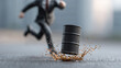 © pattozher - Crude Oil Crisis: A miniature figure of a businessman flees as a barrel of crude oil tips over, symbolizing the challenges and risks associated with the energy industry.