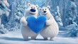© KYR - Adorable Animated Polar Bears Holding a Fluffy Blue Heart in a Winter Wonderland Scene Full of Snowy Trees and Soft Light