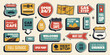© Dukhanina Ekaterina - Retro sticker set. Vintage gas station and road trip signs, open 24/7 badges, car wash, oil change, travel arrows, maps and service icons. Vector illustration in vintage colors mid century 1950s style