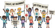 © Sammi's World - Diverse children holding social awareness banners educate not discriminate community support and future matters messages cartoon kids activism illustration