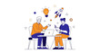 © WardMan - Two people collaborating on a business project with a laptop, surrounded by idea and startup icons, representing innovation and teamwork.
