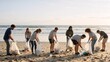 © ON - Studio - Diverse group of volunteers cleaning up trash on a sandy beach. People picking up plastic pollution by the ocean. Teamwork and environmental conservation concept