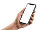 © StockSphere - hand holding smartphone with blank white screen mockup for app presentation