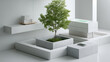 © visoot - Minimalist isometric scene with green tree in concrete planter, white geometric furniture, modern interior, natural light, peaceful atmosphere