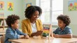 © mihrzn - A smiling teacher teaching math using an abacus with two children in a classroom setting.