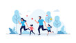 © Desmond - Happy family with parents and children jogging together in a scenic blue and white park landscape for fitness and health.