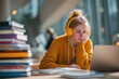 © misunderst00d - Young woman wearing yellow headphones focused on studying at a desk with a laptop, open book, and stack of books