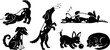 © DesignVectX - Black and white flat design playful dogs in various poses barking sleeping and playing with ball vector art