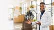 © Milan - Smiling Black male optometrist welcoming patient in modern optical clinic. Eye doctor gesturing towards phoropter and examination chair. Healthcare professional portrait with copy space for text