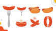 © Alastair - Assorted illustrations of grilled sausages and hot dogs including versions on a fork and in buns with mustard toppings.