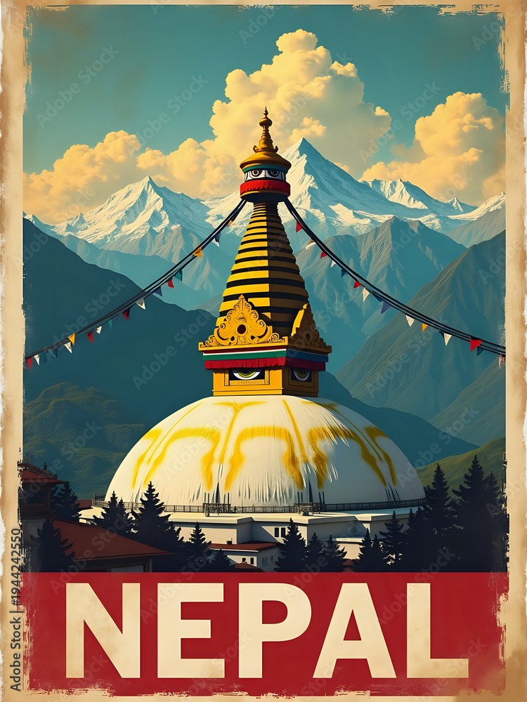 A stupa stands in the foreground with a large dome and ornate top. Colorful prayer flags wave in the breeze. The backdrop features large mountains and clouds. This scene captures the essence of Nepal.
