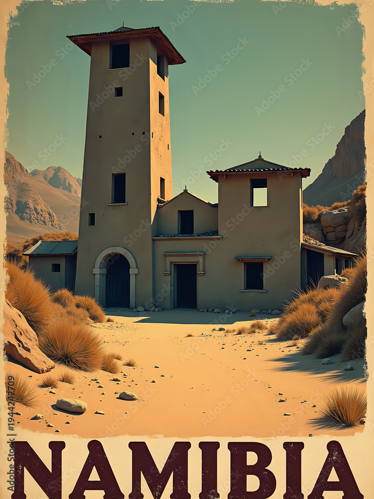 A weathered building with a tall tower sits in a sandy area of Namibia. Dry grass surrounds it, and rocky mountains can be seen in the background. The sky is clear, and the scene is quiet.