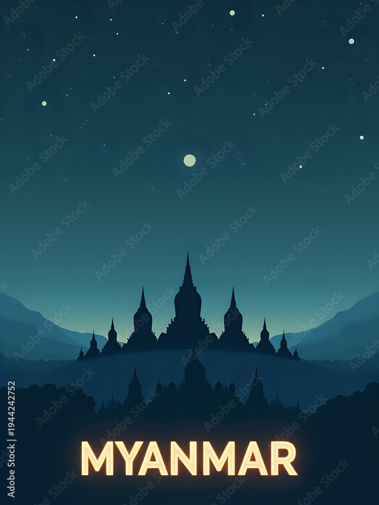 The scene shows the silhouette of temples against a dark blue sky filled with stars. The location is Myanmar, and the time appears to be at night. The landscape features mountains.