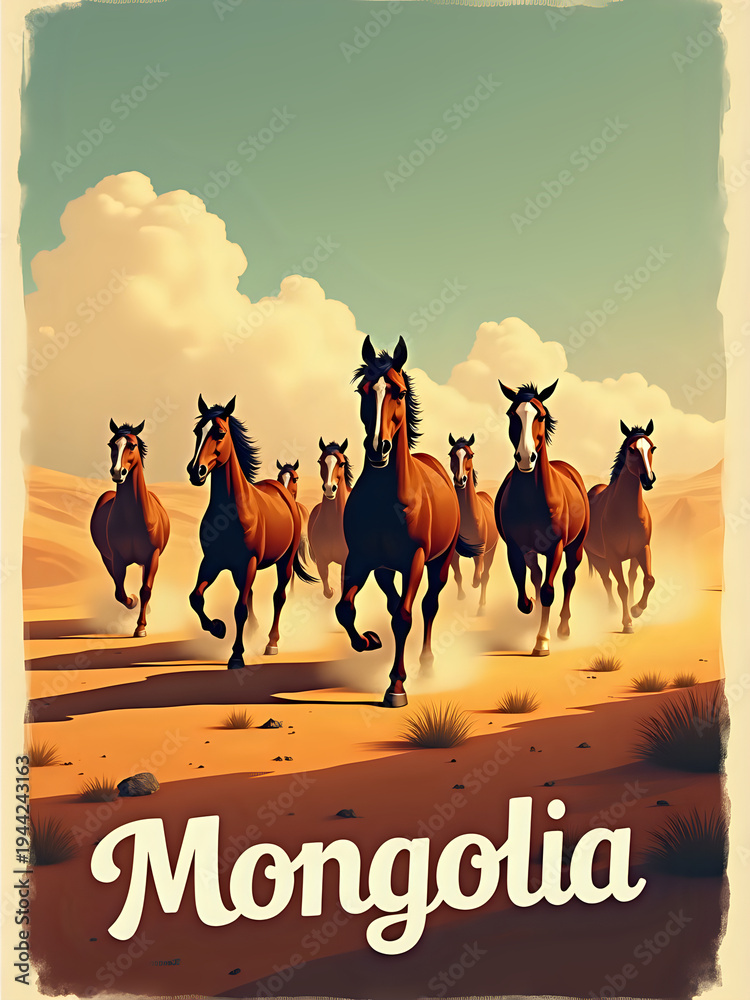 Horses run swiftly across a sandy landscape in Mongolia. Dust rises as they travel, set against a sky with clouds. The scene captures the energy of the animals in motion.
