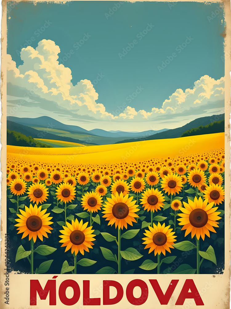 Sunflowers grow in a vast field in Moldova. The landscape features hills in the background under a blue sky with clouds. Bright yellow flowers stretch across the area, creating a vibrant scene.