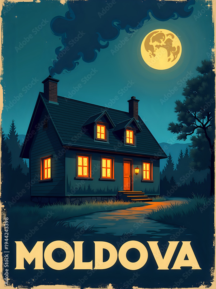 A house stands alone in Moldova at night. The windows shine with light while the moon glows overhead. Smoke rises from the chimney. Trees surround the scene.