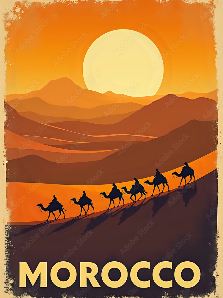 Six camels walk along a sandy dune under a large sun in the background. The sun sets over mountains and creates shadows on the ground. This scene shows desert life in Morocco.
