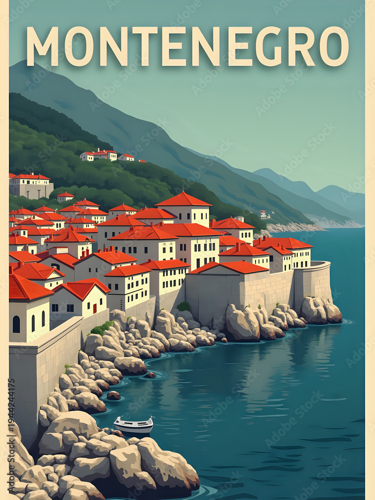 Coastal houses with red roofs next to blue water. The buildings sit on a rocky shore with a mountain in the background. A small boat floats in the water.