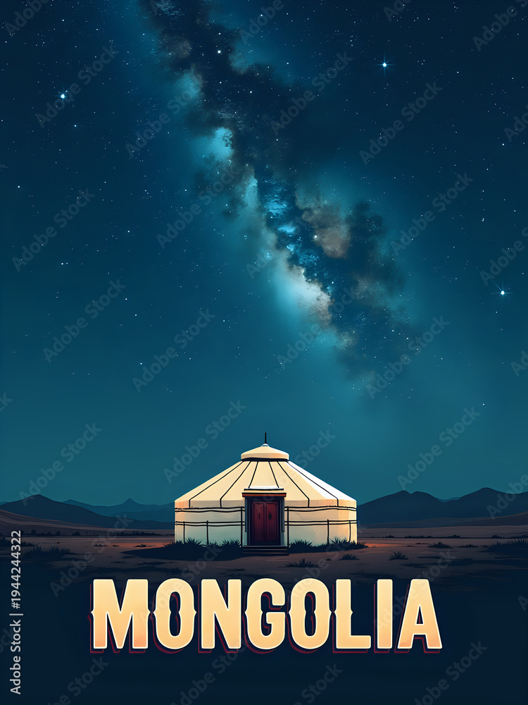 A yurt stands in a remote area of Mongolia during the night. The sky is filled with stars, and the Milky Way is visible. The landscape is vast and dark, providing a perfect view of the night sky.