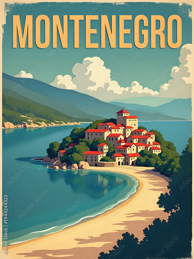 A coastal area in Montenegro with a small town on an island. The sun is shining, and the water is clear. Mountains rise in the distance. Boats can be seen in the water.