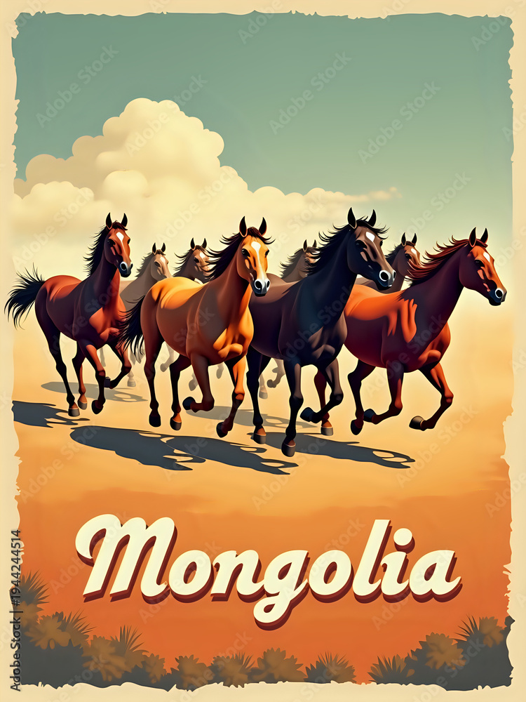 Horses run freely across the vast land of Mongolia under a clear sky. The scene shows a mix of brown and black horses racing together, capturing the spirit of the area.