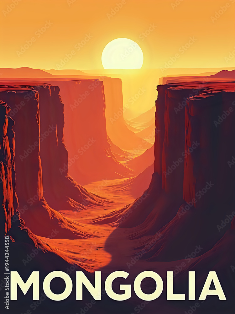 A canyon landscape in Mongolia shows a sunset with bright orange skies. The sun sets behind cliffs, creating shadows across the valley. The terrain is dry and rugged with deep canyons.