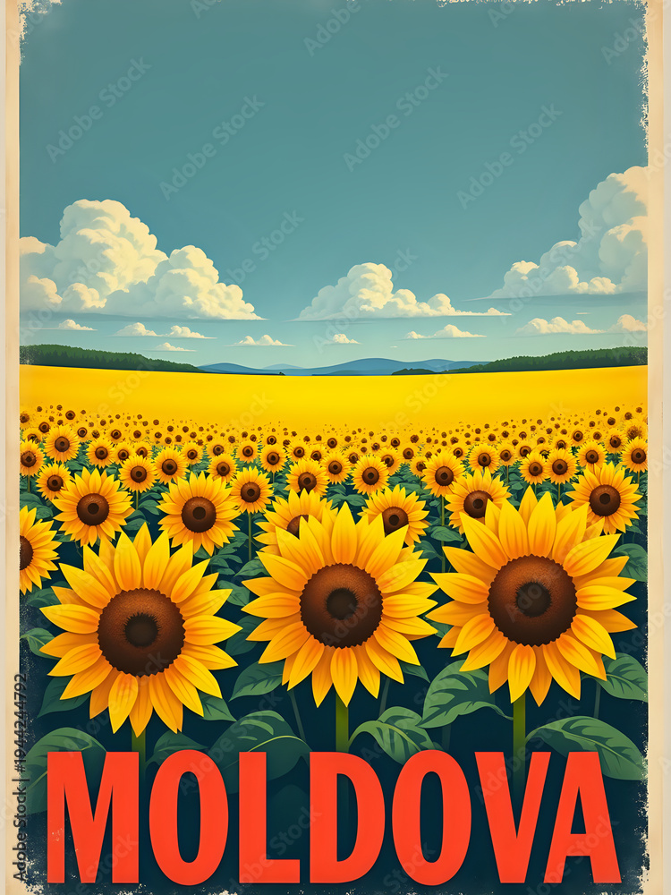 The scene shows a large field filled with sunflowers under a blue sky. White clouds are visible in the distance. The landscape represents Moldovas natural beauty.