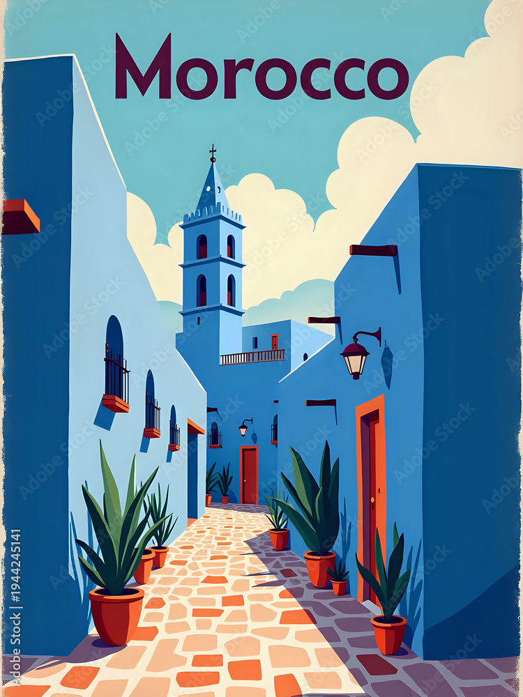 A narrow street in Morocco features blue buildings and terracotta pots with plants. A tall tower rises above the rooftops. The sun shines bright in the blue sky.