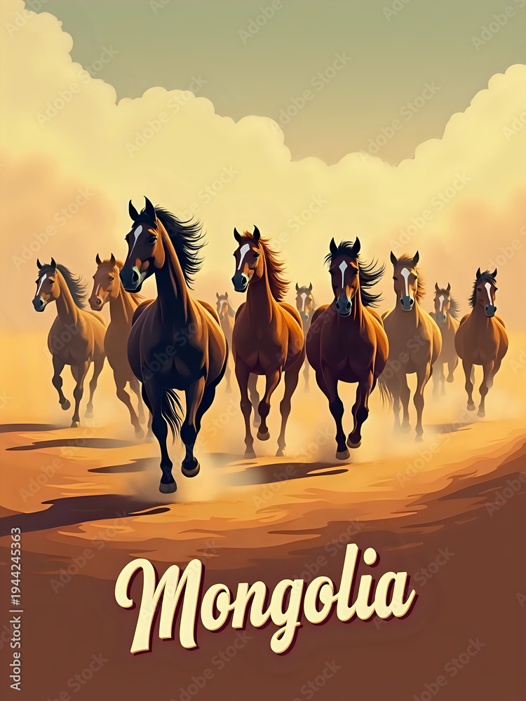 A group of horses is running across an open plain in Mongolia. The scene shows dust rising as the horses move swiftly. The sky is bright with clouds.