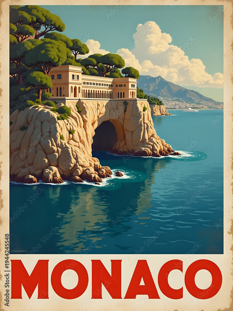 A building is perched on cliffs overlooking the ocean in Monaco. Rocky shores meet blue waters, and mountains rise in the distance under a clear sky. It is a sunny day, typical of the Mediterranean.