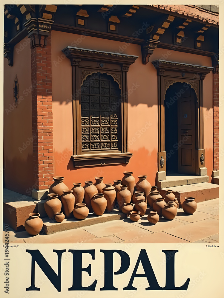 Clay pots are arranged near a traditional building in Nepal. Sunlight casts shadows on the pots and the wall. The structure has intricate designs and a wooden door with open archways.