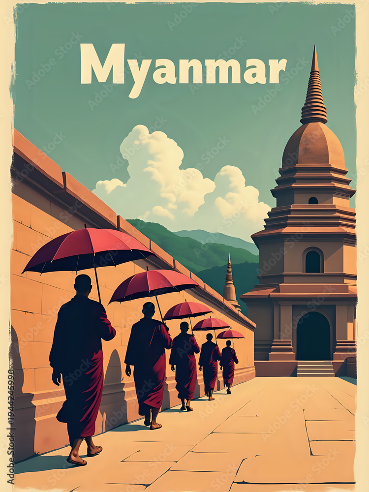 Monks in red robes walk along a path near a pagoda in Myanmar. They hold umbrellas for shade as they approach the building. The scene shows a bright sky with clouds and green hills in the background.