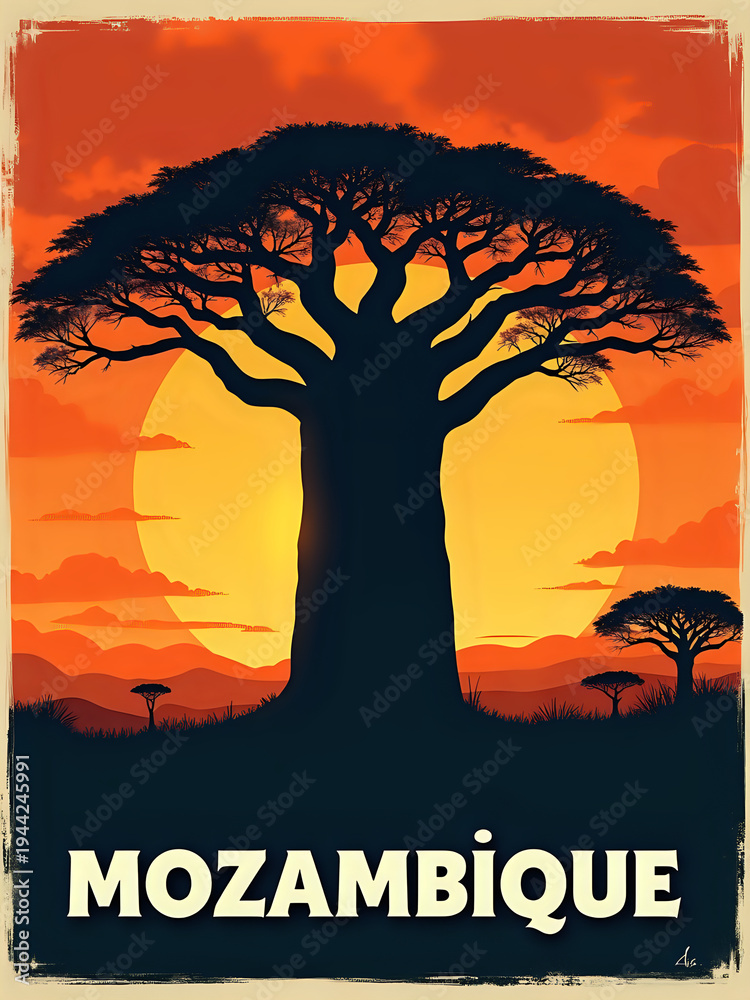 A large baobab tree stands silhouetted against a bright orange sunset in Mozambique. The scene shows a clear sky and African bushes in the foreground, capturing a natural landscape.