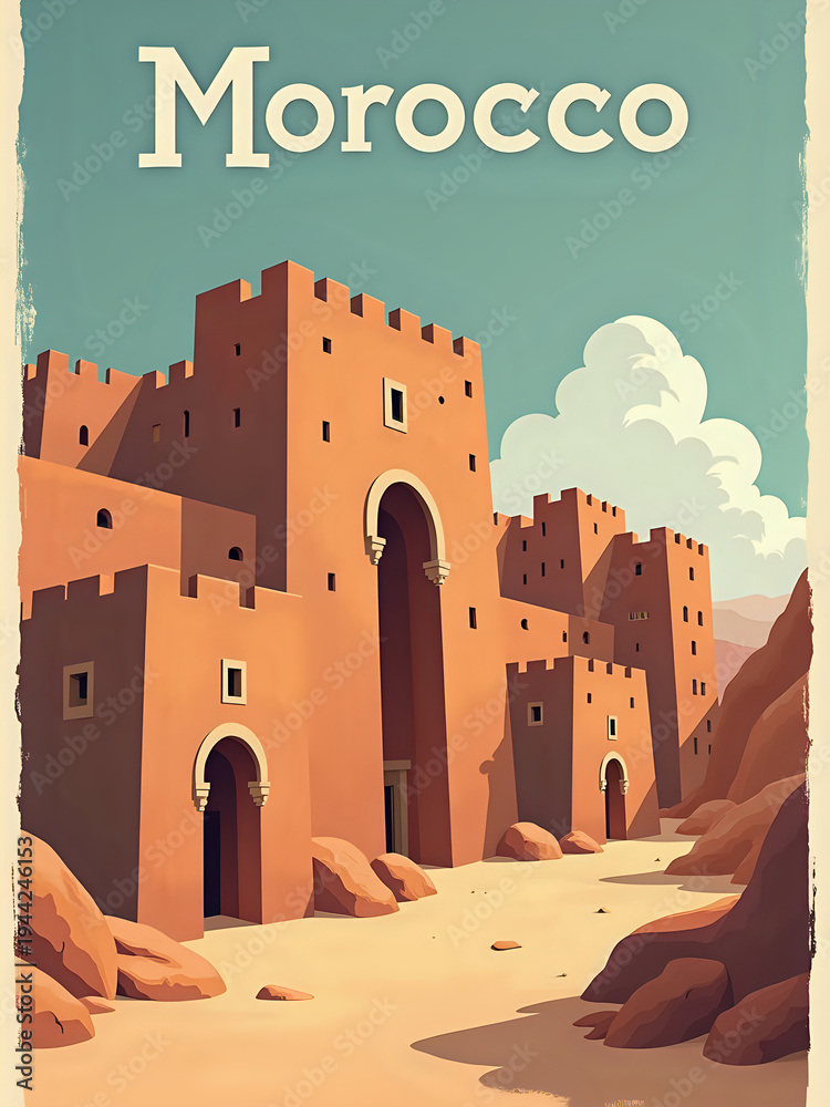 A view of traditional buildings in Morocco shows tall structures made of clay and stone. The scene captures a desert landscape with rocks and a blue sky filled with clouds.