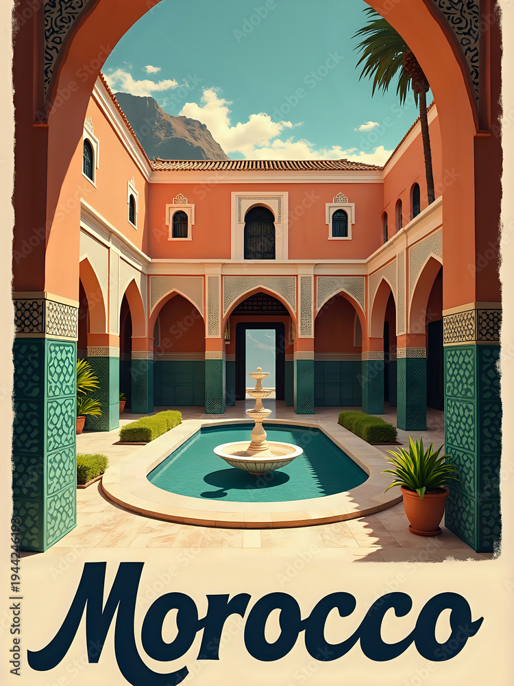 A courtyard in Morocco shows a fountain surrounded by plants. The walls are colored and detailed. Sunlight fills the space. Mountains can be seen in the background.