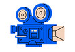 © Esgoty - Hand drawn cute illustration of retro movie camera. Flat vector vintage cinema production technology doodle. Motion picture recording equipment sticker, icon. Classic or archive content. Isolated.
