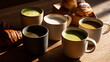 © A2Z AI  - Inviting morning coffee and tea array with croissants and pastries on a wooden table, bathed in warm natural light, perfect breakfast scene