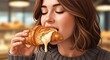 © Rizal - A woman with brown hair enjoying a delicious croissant with creamy filling oozing out, eyes closed in pleasure.