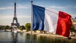 © Hanskie28 - French National Flag Waving Near Eiffel Tower and Seine River in Paris France with Iconic Landmark and European City Skyline