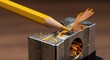 © aderag - Close-up view of a yellow wooden pencil being carefully sharpened inside a metal manual tool, creating fine curls of wood shavings ,sharpener ,metal ,precision