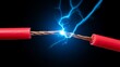© olga_demina - An impactful visual showcasing a bright blue electrical spark vividly arcing between the exposed copper strands of two red electrical wires, set against a dark background, representing raw electrical