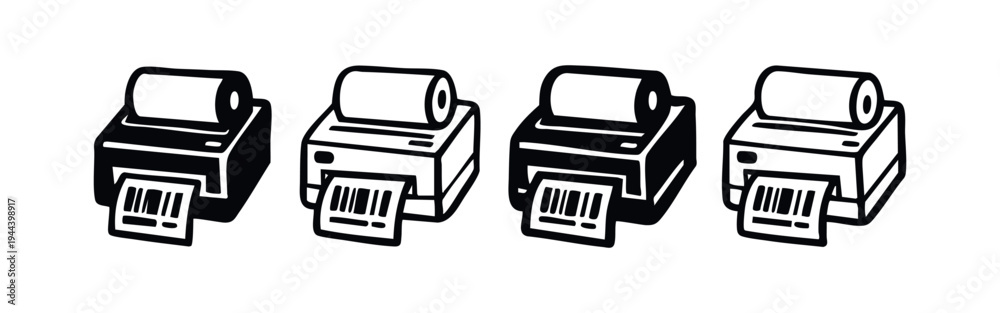 Hand drawn receipt printer icon set. Sketch style thermal printer ...