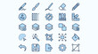 © Itx Musa - A detailed collection of blue digital art and graphic design software interface icons featuring layers, brushes, tools, and editing symbols for creative workflow production, design, vector, icons
