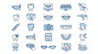 © Itx Musa - A professional set of blue line icons for cosmetic dentistry, dental health, teeth whitening, veneers, crowns, smile design, clinic equipment, and modern medical technology, healthcare, dentistry.