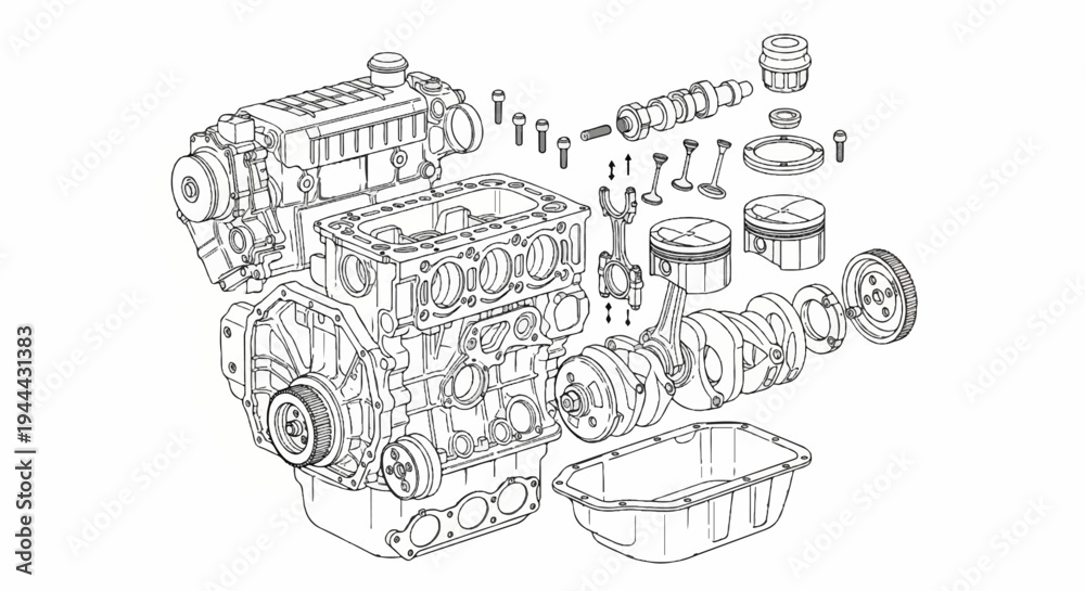 Exploded view diagram of internal combustion engine components and ...