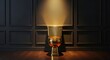 © sablengjago - A golden toilet, illuminated against a dark paneled wall. Wooden floor in a spotlight