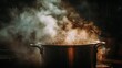 © Plaifah - Steam Rising from a Metal Cooking Pot in a Dark Kitchen During a Culinary Process with Warm Light and a Mystical Atmosphere